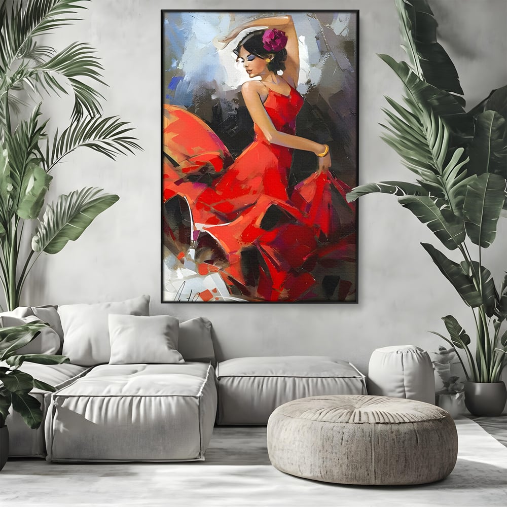 Tablou canvas cu tablou canvas cu dansatoare in rochie rosie, in rama de aluminiu negru, pe perete intr-un living
